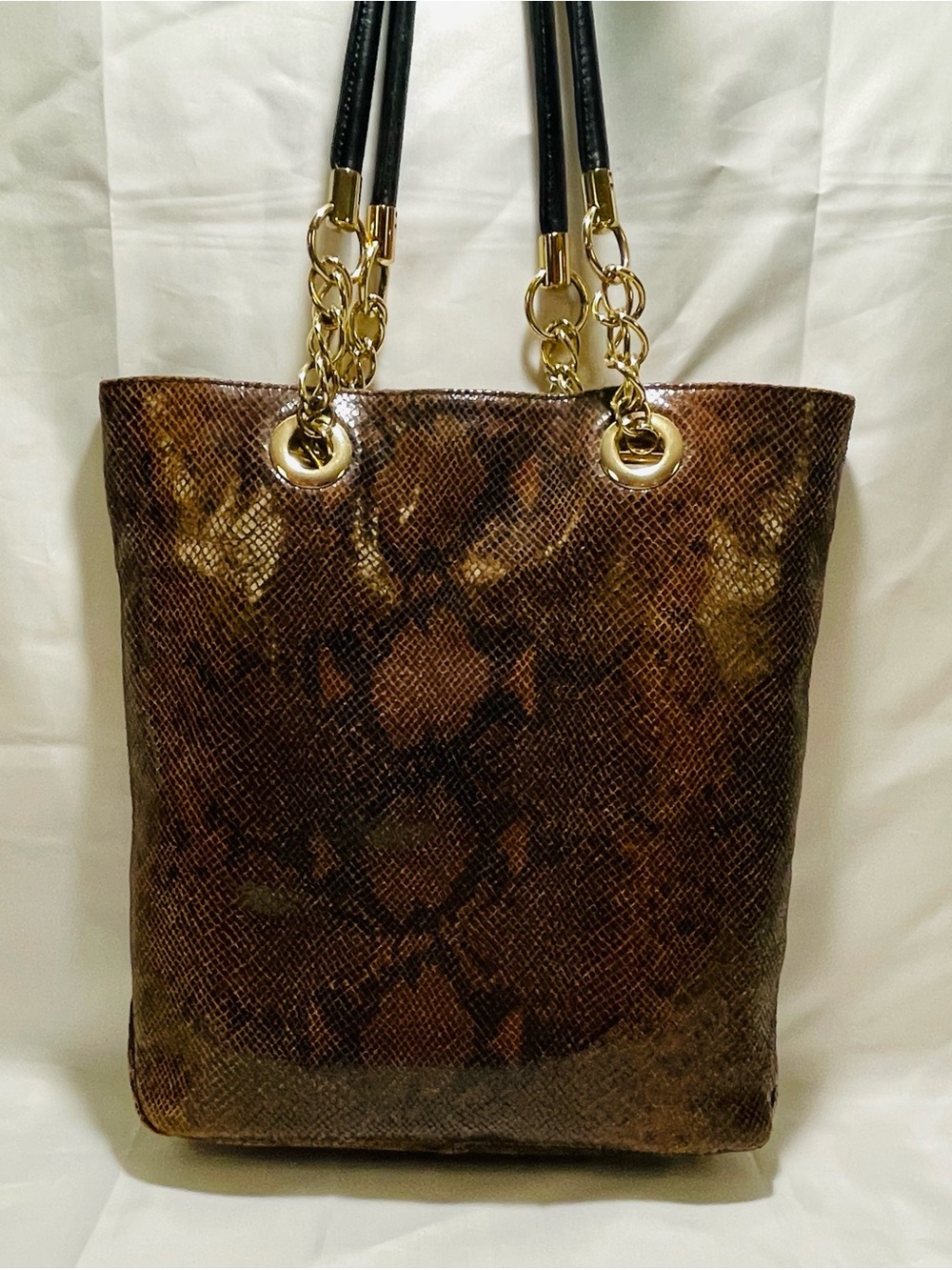 Cynthia Rowley Leather Snake-Print Tote with Gold Chain Accents